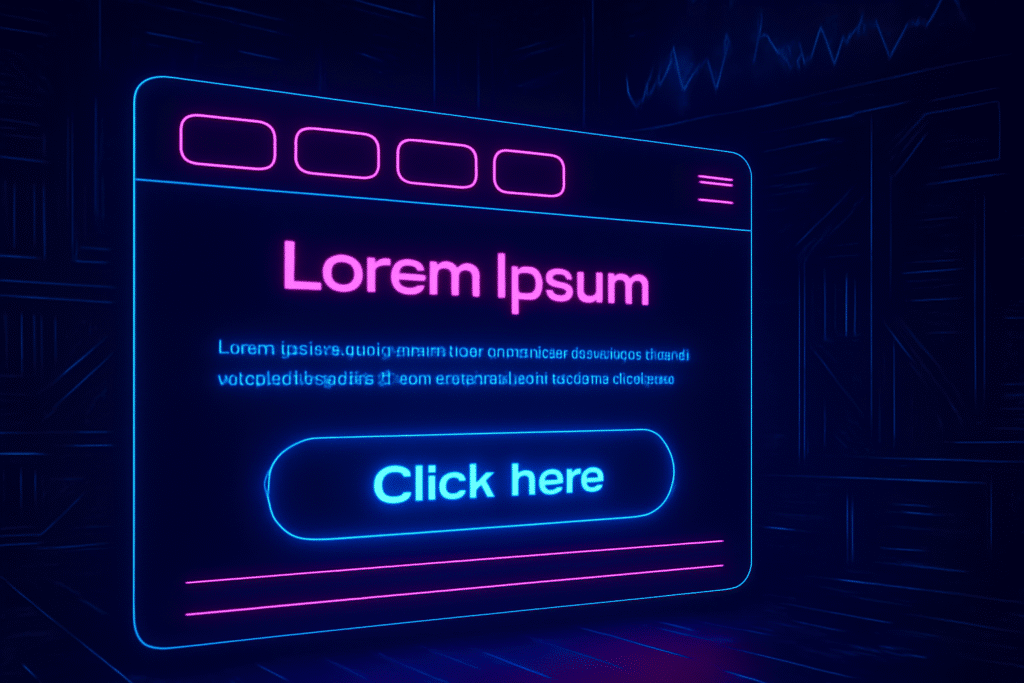 Futuristic web page with text and button that says 'Click here' highlighted to represent focus