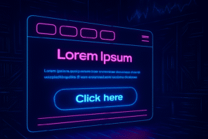 Futuristic web page with text and button that says 'Click here' highlighted to represent focus