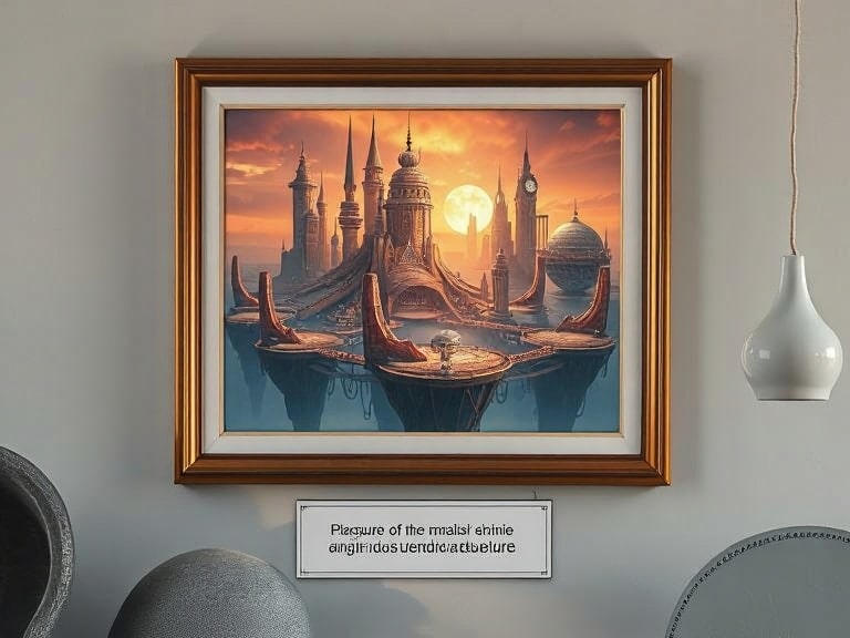 framed picture hanging on a wall with description underneath it