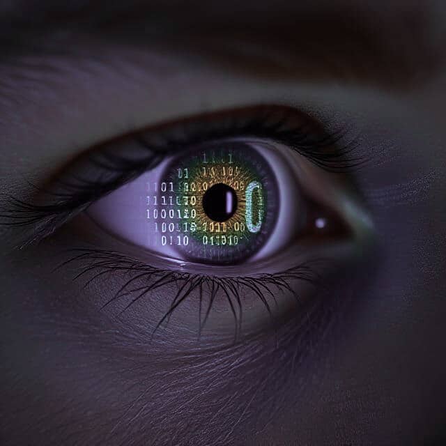close up of an eye looking at 0s and 1s scroll across the retina